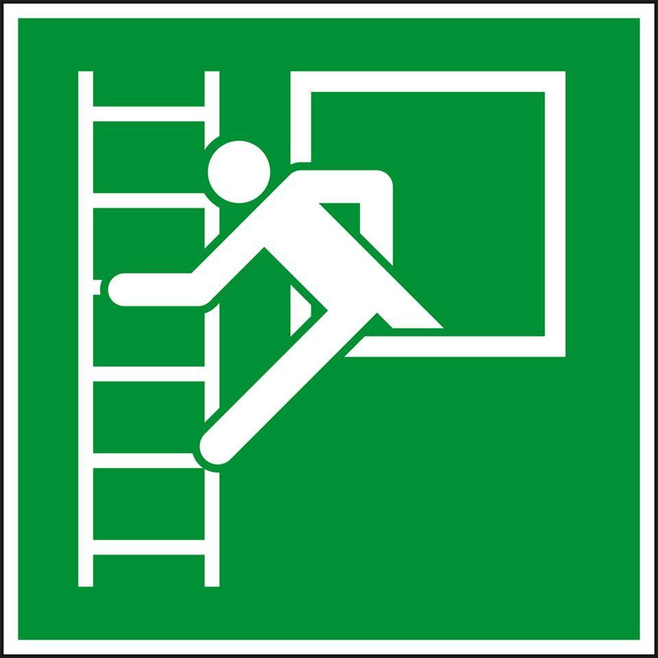 Rettungszeichen Notausstieg mit Fluchtleiter, Folie, selbstklebend, 200x200mm, ASR A1.3, DIN EN ISO 7010/E016