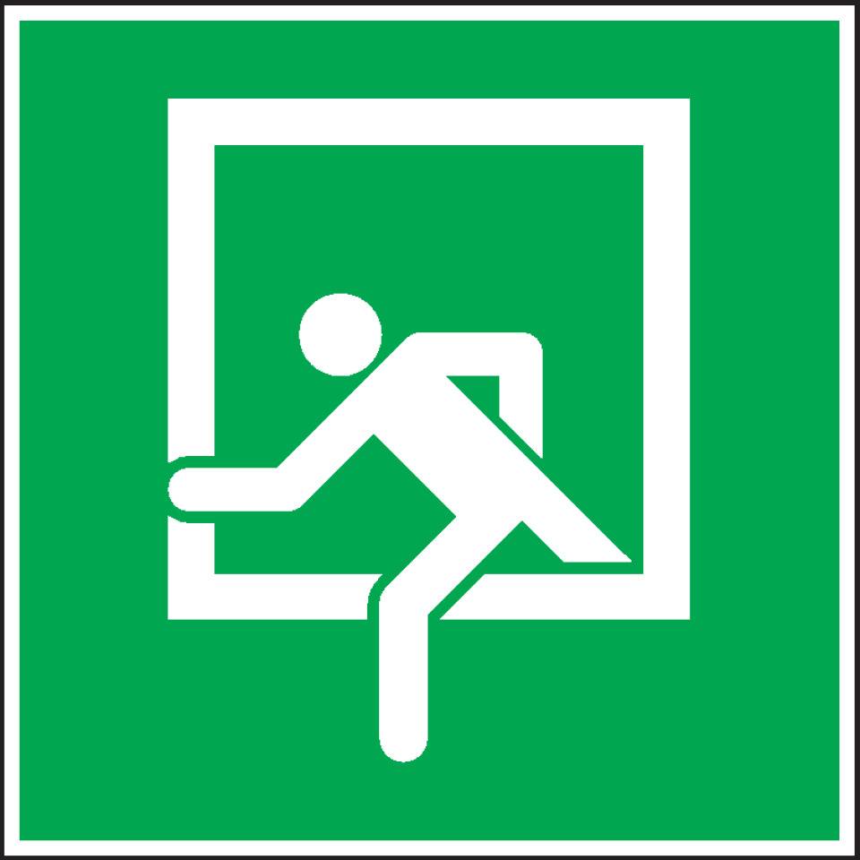 Rettungszeichen Notausstieg, Folie, selbstklebend, 200x200mm, ASR A1.3, DIN 4844 D-E019