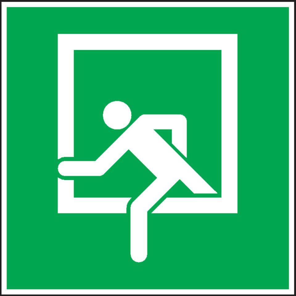 Rettungszeichen Notausstieg, Folie, selbstklebend, 200x200mm, ASR A1.3, DIN 4844 D-E019