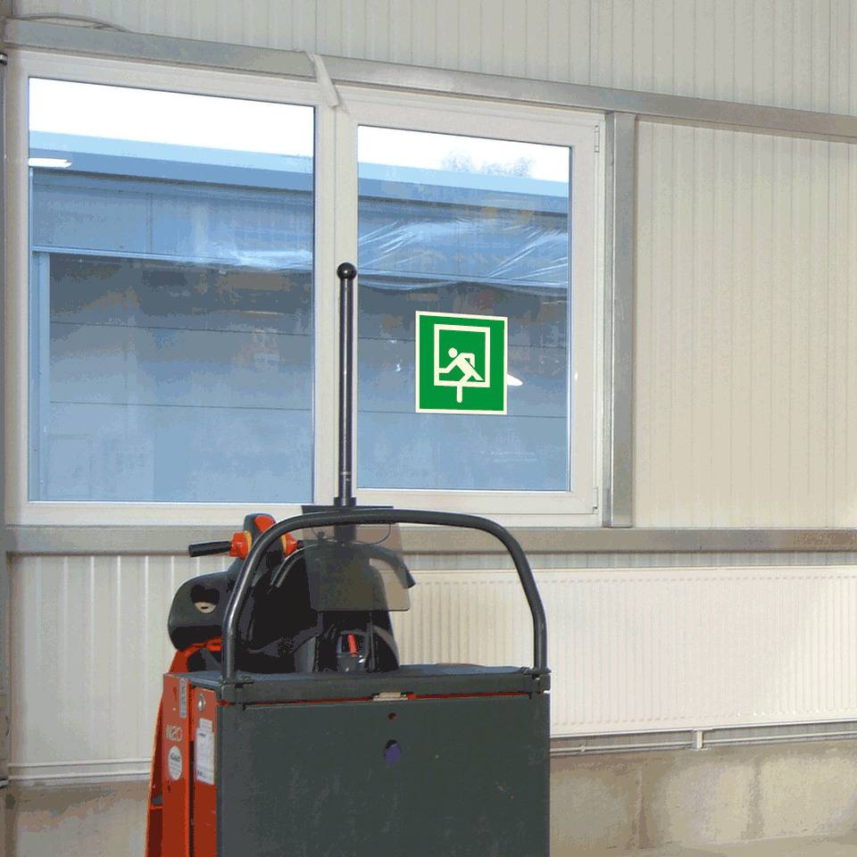 Rettungszeichen Notausstieg, Folie, selbstklebend, 200x200mm, ASR A1.3, DIN 4844 D-E019