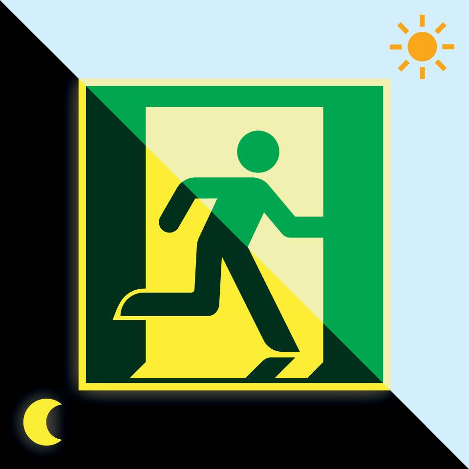 PERMALIGHT® power langnachleuchtend Bodenzeichen Notausgang rechts, ASR, R10, Folie, 400x400mm