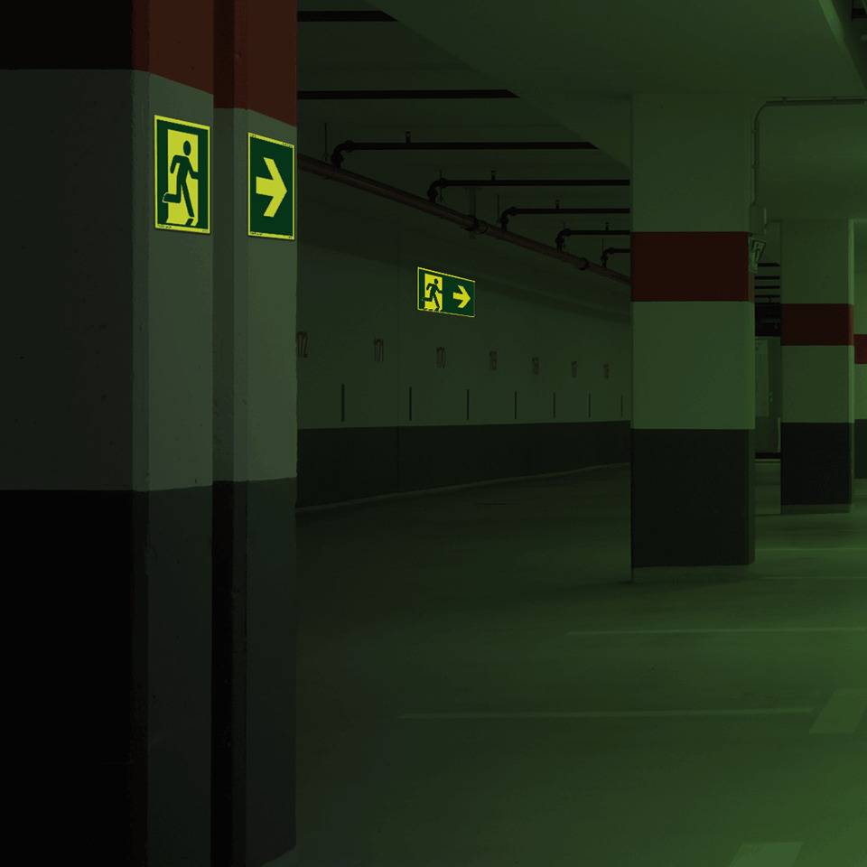 PERMALIGHT® power langnachleuchtend Rettungszeichen Rettungsweg /Notausgang rechts, Aluminium, 300x300mm