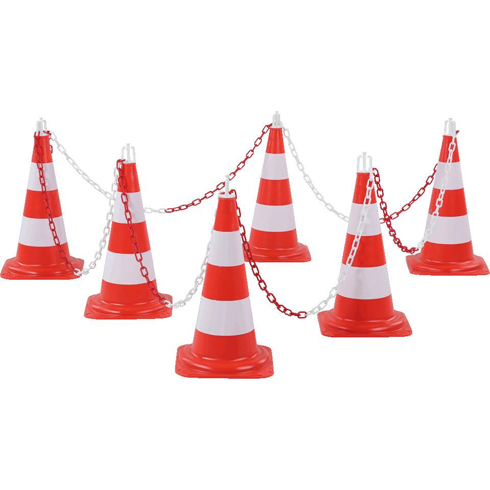 Leitkegel-Absperrset Medium, 6 Kegel, 6 Haken, 10m Kunststoffkette, rot/weiß