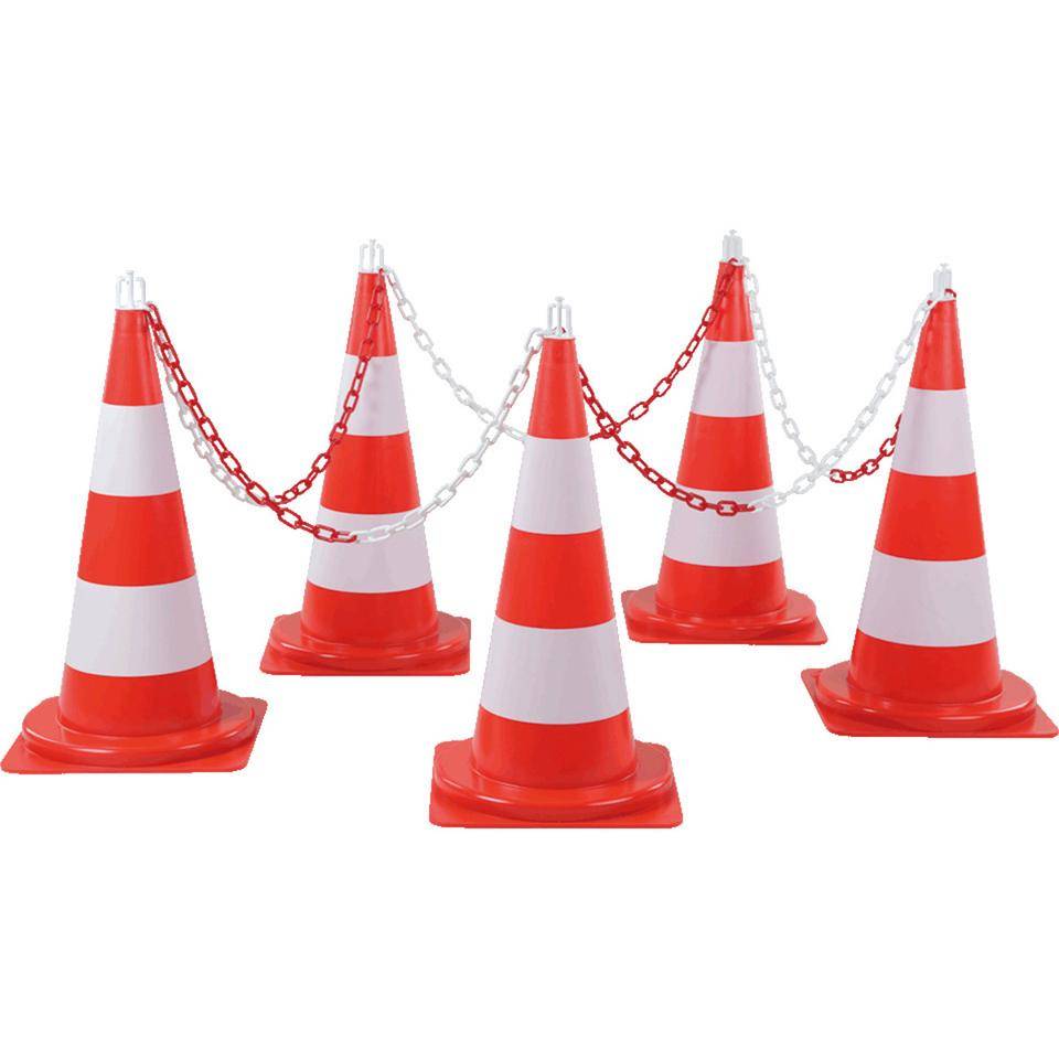 Leitkegel-Absperrset Maxi, 5 Kegel, 5 Haken, 10m Kunststoffkette, rot/weiß