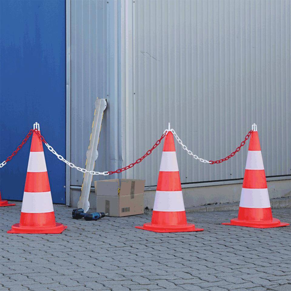 Leitkegel-Absperrset Maxi, 5 Kegel, 5 Haken, 10m Kunststoffkette, rot/weiß