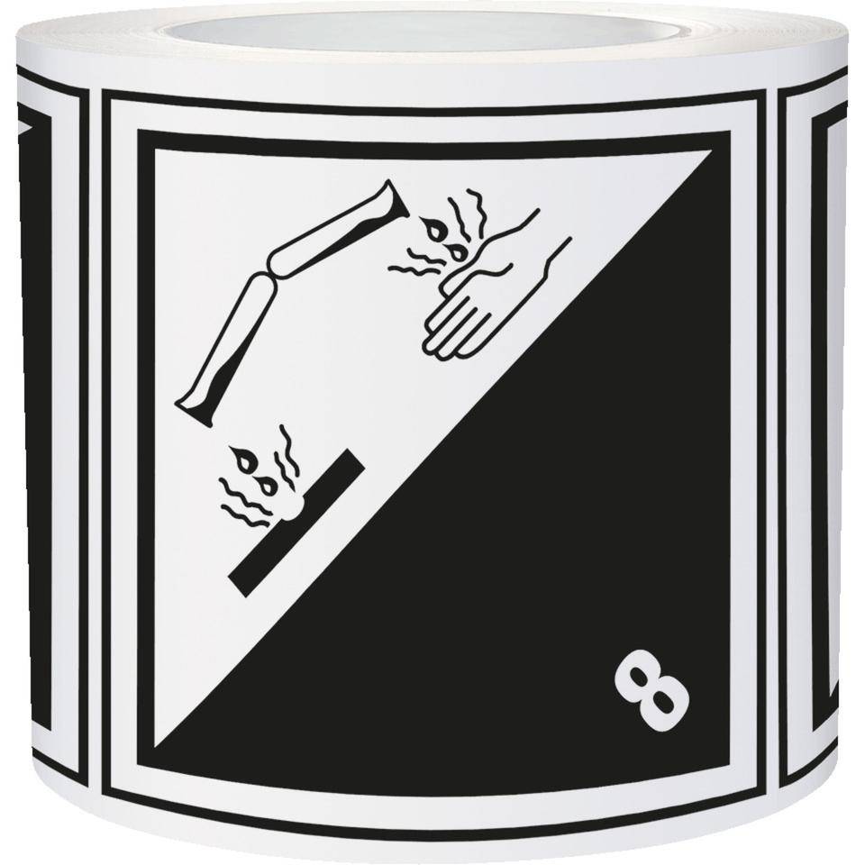 Verpackungskennzeichen Kl.8 Ätzende Stoffe, Haftpapier, permanent, 100x100mm, 1000/Rolle