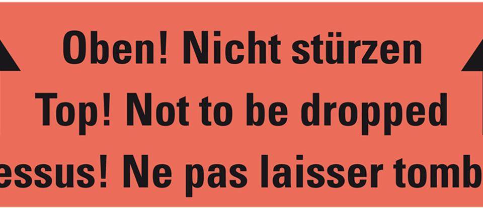 Hinweisetikett Oben! Nicht..., 3-spr., leuchtrot, permanent haftendes Haftpapier, 147x50mm, 250/RO