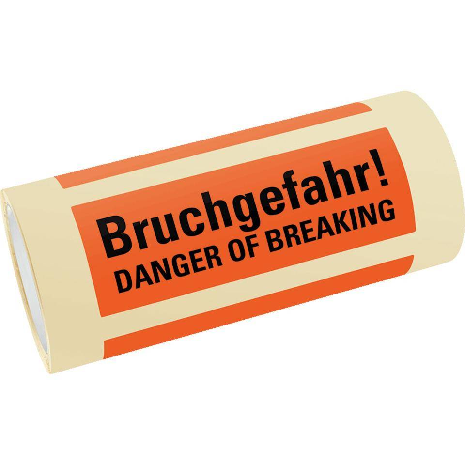 Hinweisetikett Bruchgefahr, 2-sprachig, leuchtrot, permanent haftendes Haftpapier, 147x50mm, 250/RO