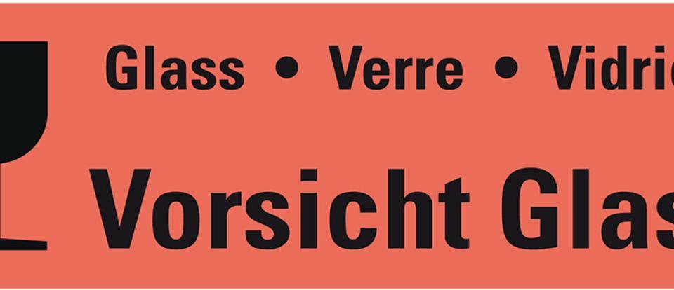 Hinweisetikett Vorsicht Glas!, 4-spr., leuchtrot, permanent haftendes Haftpapier, 170x60mm, 250/RO