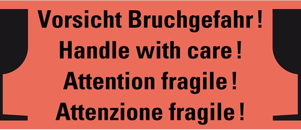 Hinweisetikett Bruchgefahr, 4-spr., leuchtrot, permanent haftendes Haftpapier, 170x60mm, 250/RO