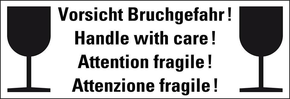 Hinweisetikett Bruchgefahr!, 4-sprachig, weiß, permanent haftendes Haftpapier, 170x60mm, 250/Rolle