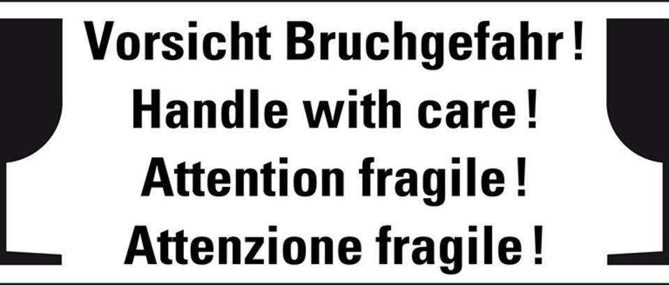 Hinweisetikett Bruchgefahr!, 4-sprachig, weiß, permanent haftendes Haftpapier, 170x60mm, 250/Rolle