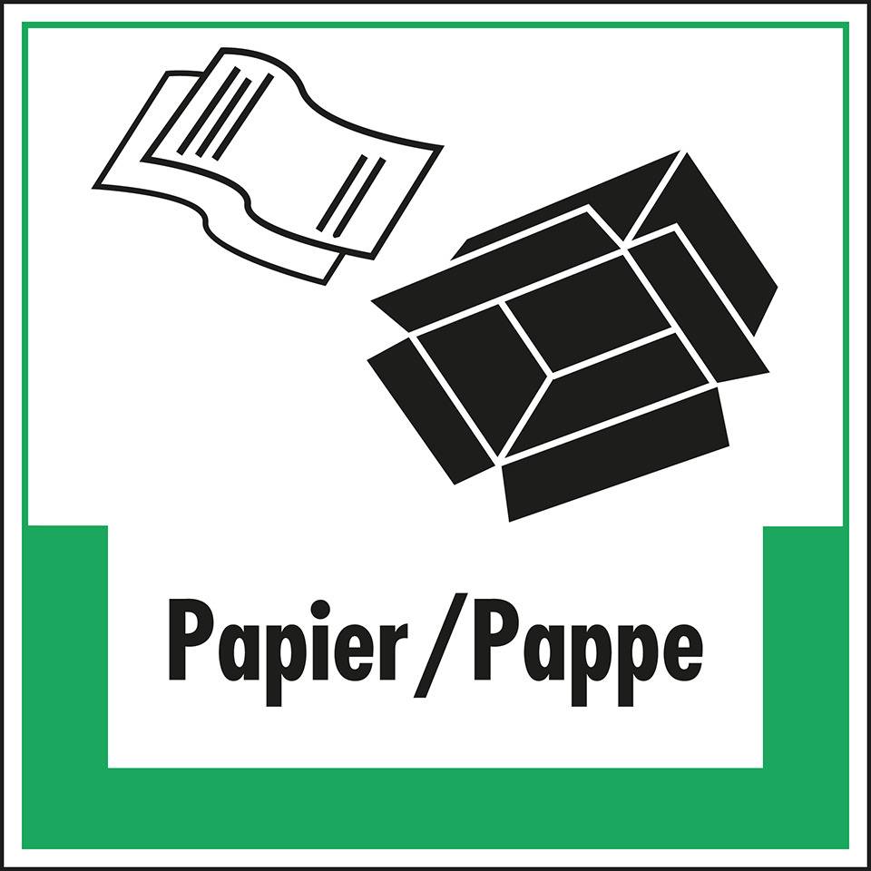 Abfallkennzeichen Papier/Pappe, mit Symbol und Text, Folie, selbstklebend, 100x100mm