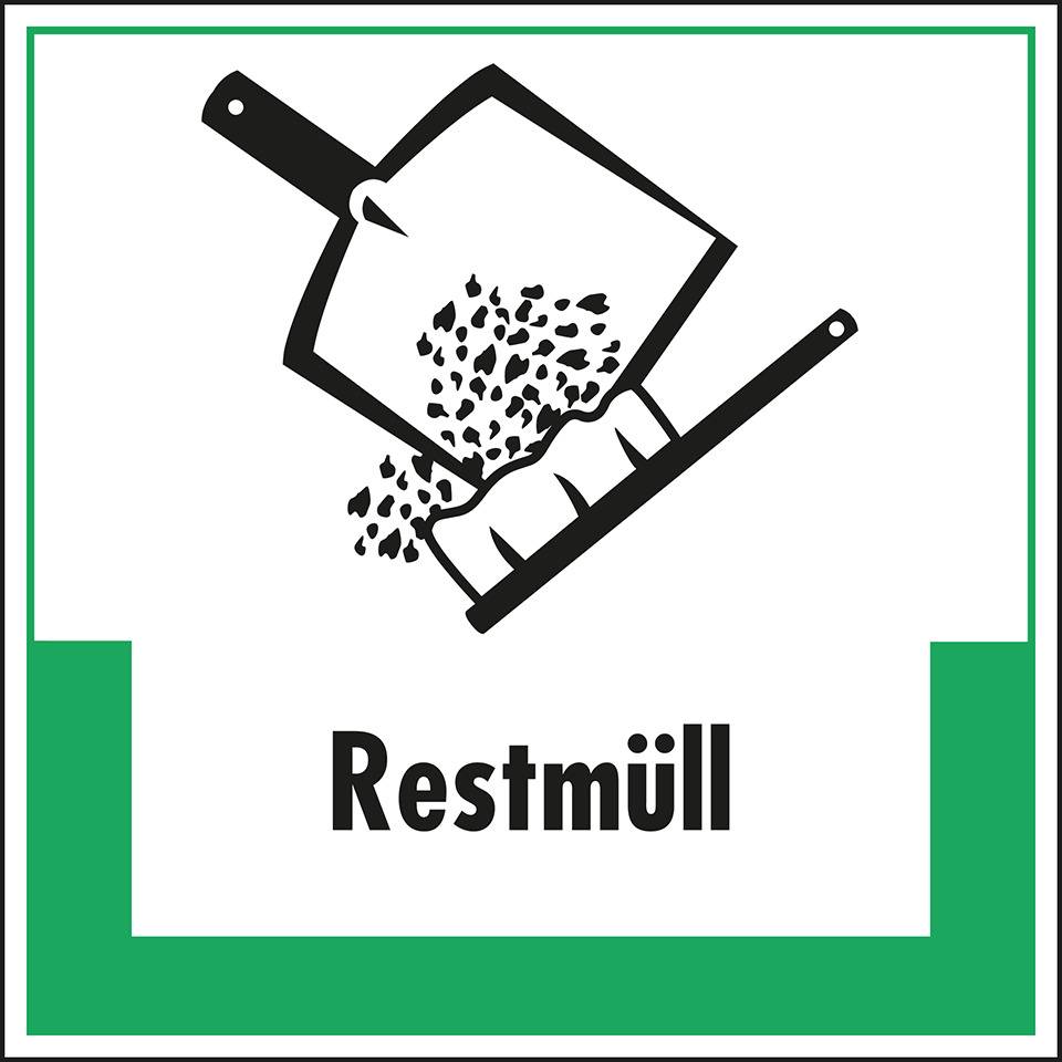Abfallkennzeichen Restmüll, mit Symbol und Text, Folie, selbstklebend, 100x100mm