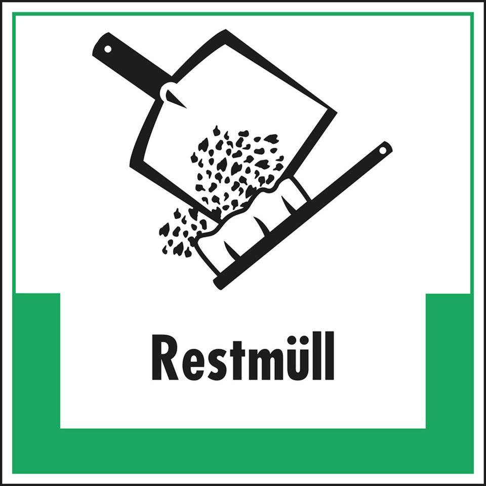 Abfallkennzeichen Restmüll, mit Symbol und Text, Folie, selbstklebend, 200x200mm