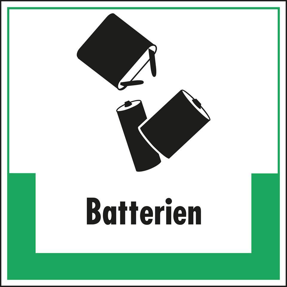 Abfallkennzeichen Batterien, mit Symbol und Text, Folie, selbstklebend, 200x200mm