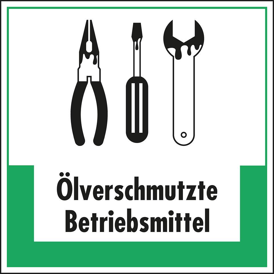 Abfallkennzeichen Ölverschmutzte Betriebsmittel, Symbol und Text, Folie, 200x200mm