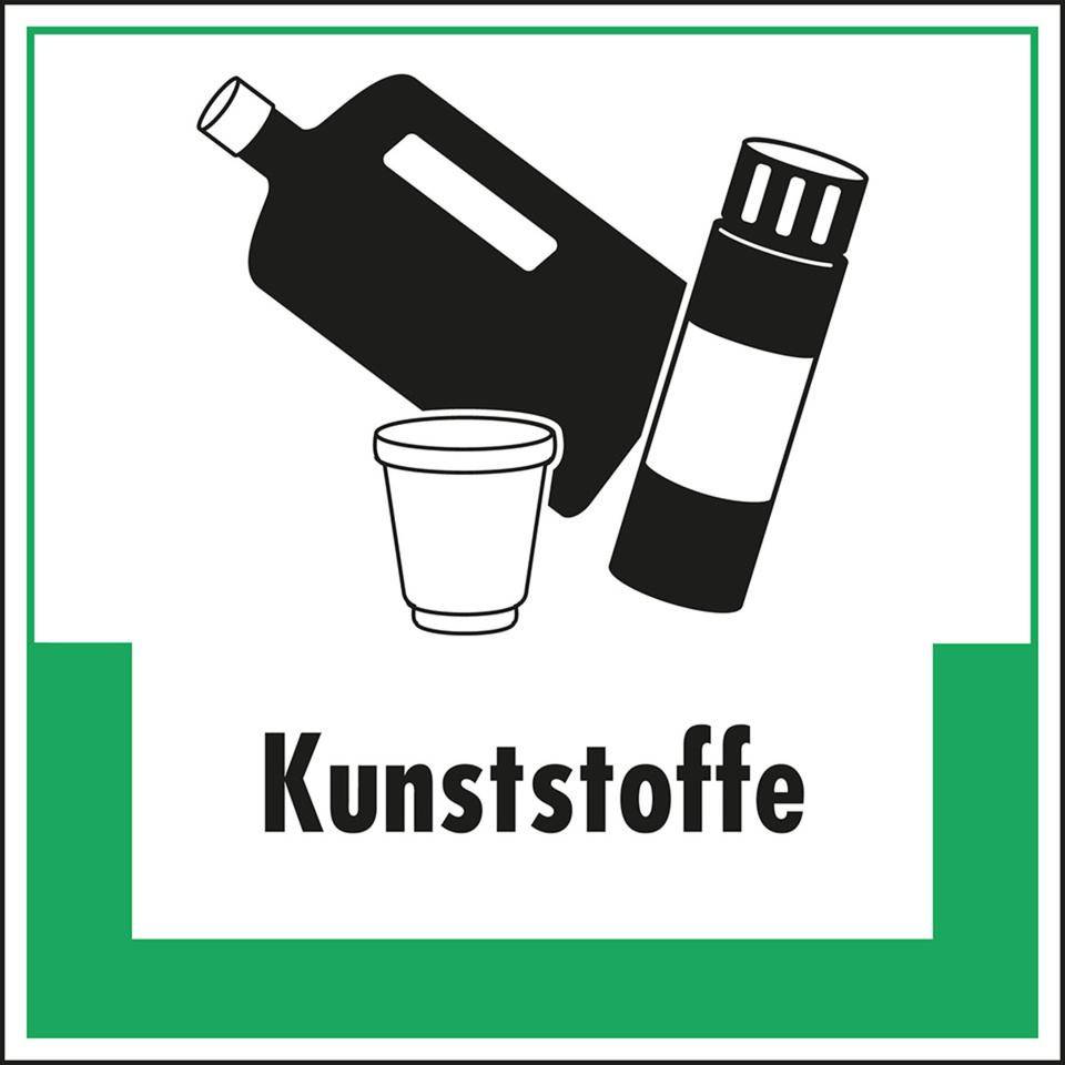 Abfallkennzeichen Kunststoffe, mit Symbol und Text, Folie, selbstklebend, 200x200mm