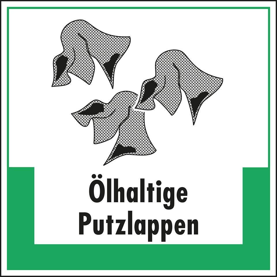Abfallkennzeichen Ölhaltige Putzlappen, Symbol und Text, Folie, selbstklebend, 200x200mm