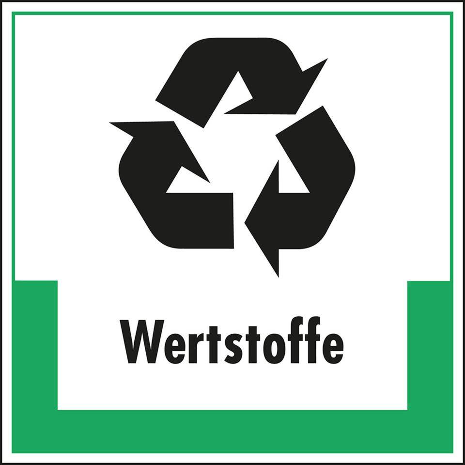 Abfallkennzeichen Wertstoffe, mit Symbol und Text, Folie, selbstklebend, 200x200mm