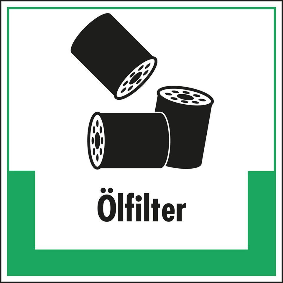 Abfallkennzeichen Ölfilter, mit Symbol und Text, Folie, selbstklebend, 200x200mm