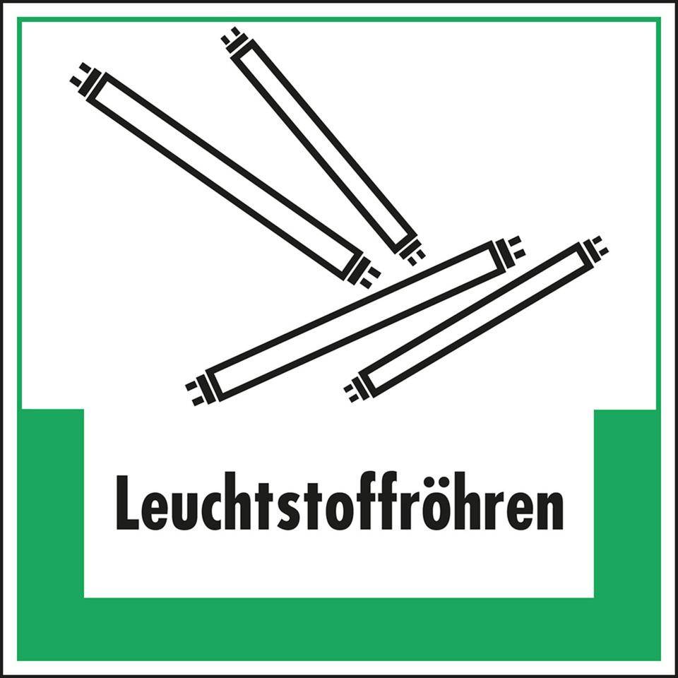 Abfallkennzeichen Leuchtstoffröhren, Symbol und Text, Folie, selbstklebend, 200x200mm
