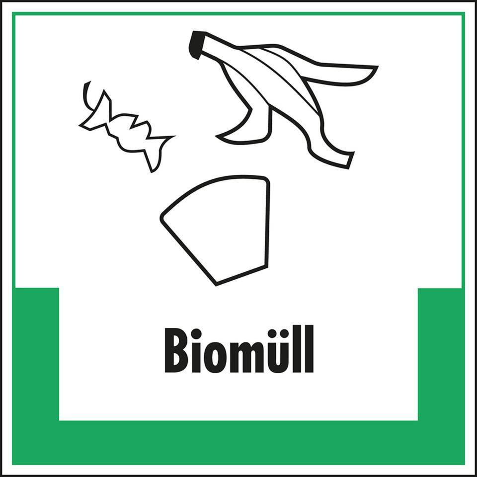 Abfallkennzeichen Biomüll, mit Symbol und Text, Folie, selbstklebend, 200x200mm