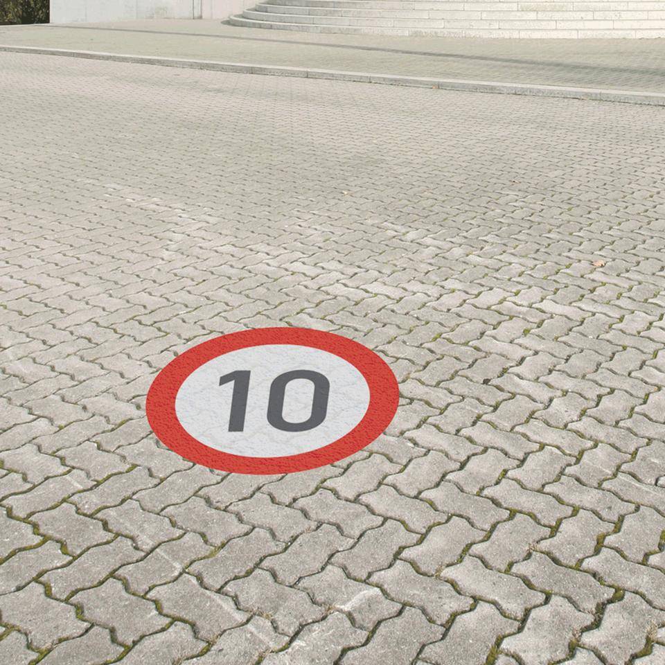 PREMARK® Bodenzeichen Zulässige Höchstgeschwindigkeit 10km/h, Rutschhemmung R12, zur Kennzeichnung von Verkehrswegen, Ø 750mm