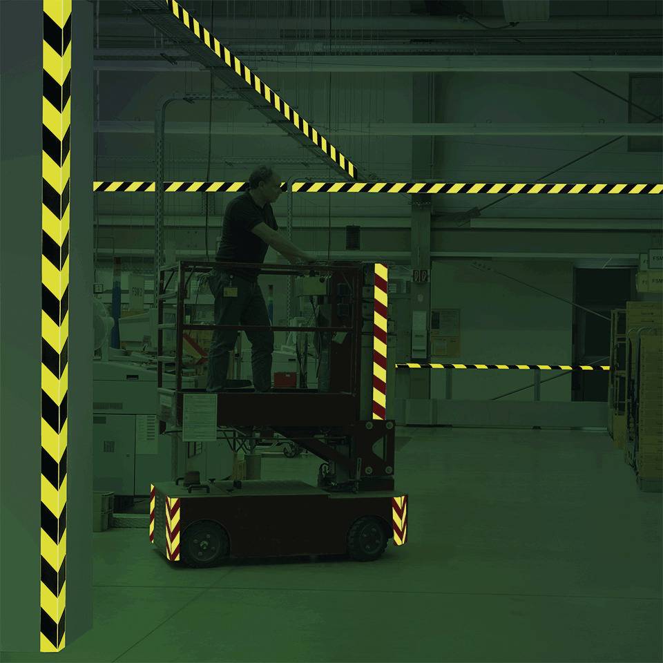 PERMALIGHT® power Warnmarkierungsband, rechts, fluoreszierend gelb/schwarz, 100mm, 25m/Rolle