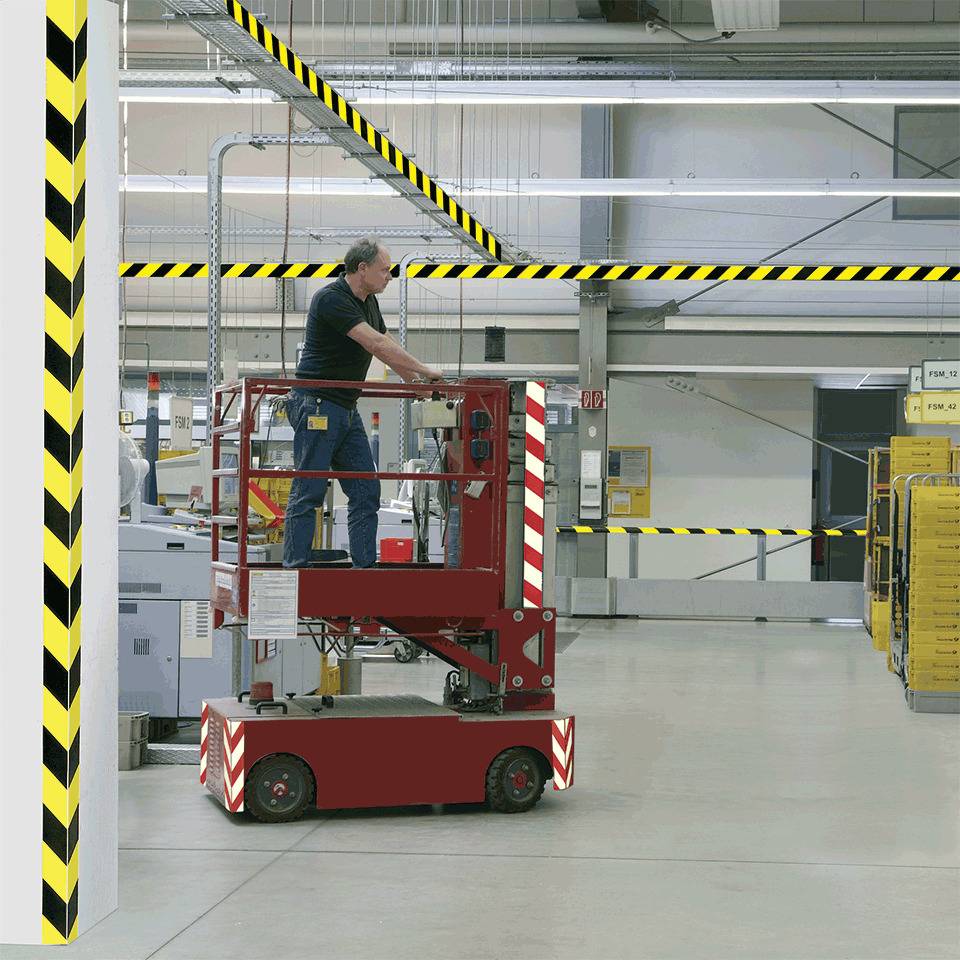 PERMALIGHT® power Warnmarkierungsband, rechts, fluoreszierend gelb/schwarz, 100mm, 25m/Rolle