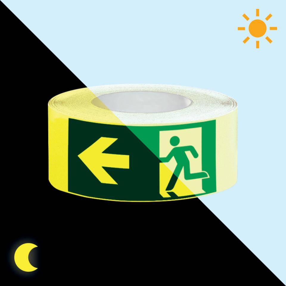 PERMALIGHT® power langnachleuchtend Klebeband, mit Pikto Rettungsweg links, Folie, 50mm, 25m/Rolle, ASR ISO 7010 E001