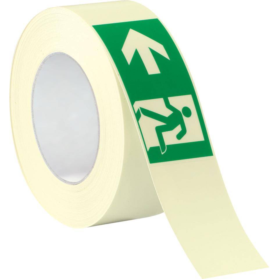 PERMALIGHT® power langnachleuchtend Klebeband, mit Pikto Rettungsweg links, Folie, 50mm, 25m/Rolle, ASR ISO 7010 E001