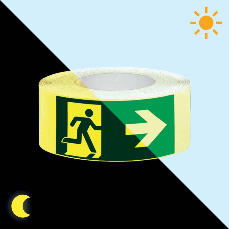 PERMALIGHT® power langnachleuchtend Klebeband, mit Pikto Rettungsweg rechts, Folie,50mm,25m/Rolle, ASR A1.3 ISO 7010 E002