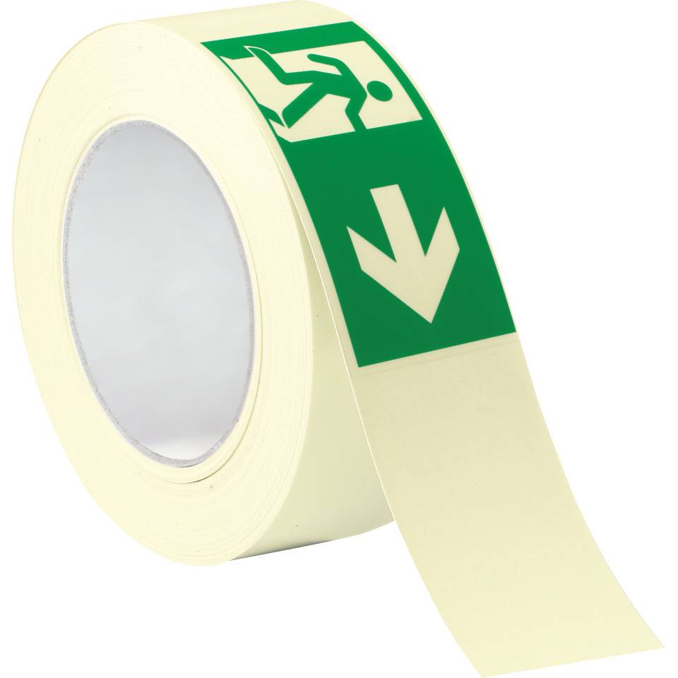 PERMALIGHT® power langnachleuchtend Klebeband,mit Pikto Rettungsweg rechts,Folie,50mm,25m/Rolle,ASR A1.3 ISO 7010 E002