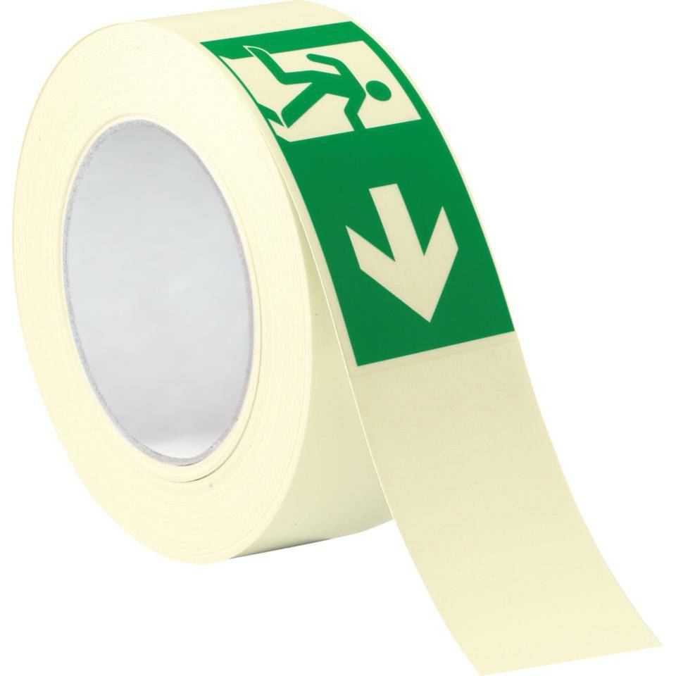 PERMALIGHT® power langnachleuchtend Klebeband, mit Pikto Rettungsweg rechts, Folie,50mm,25m/Rolle, ASR A1.3 ISO 7010 E002