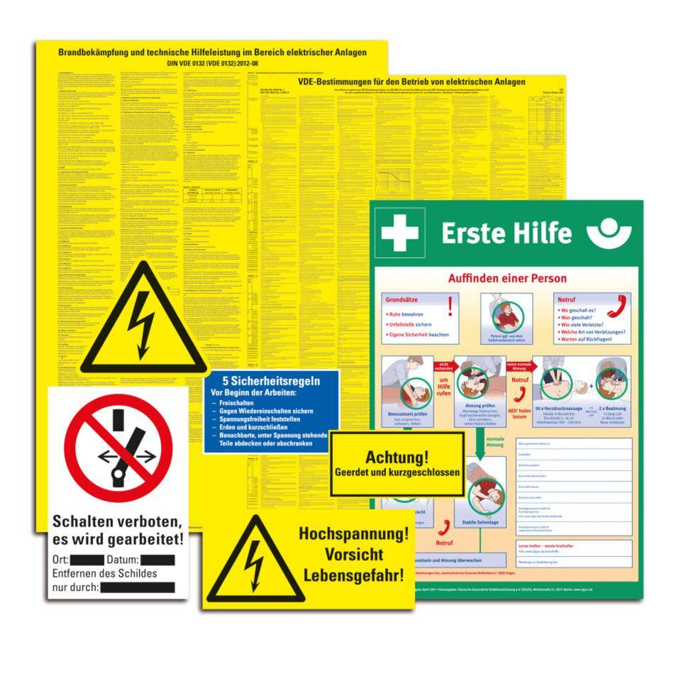 Warn- und Hinweisschildersatz, DIN VDE 0105, Kunststoff, verschiedene Formate, DGUV