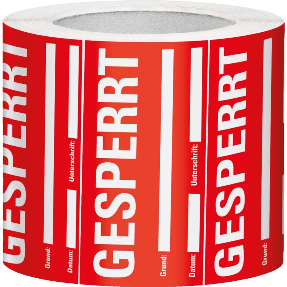 Etikett GESPERRT, beschriftbar, rot, Haftpapier, ablösbar, 148x74mm, 500/Rolle