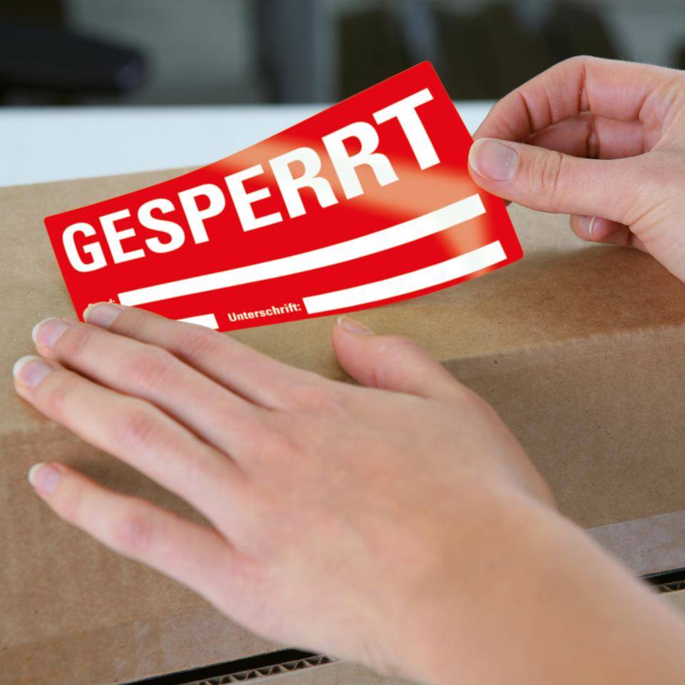 Etikett GESPERRT, beschriftbar, rot, Haftpapier, ablösbar, 148x74mm, 500/Rolle