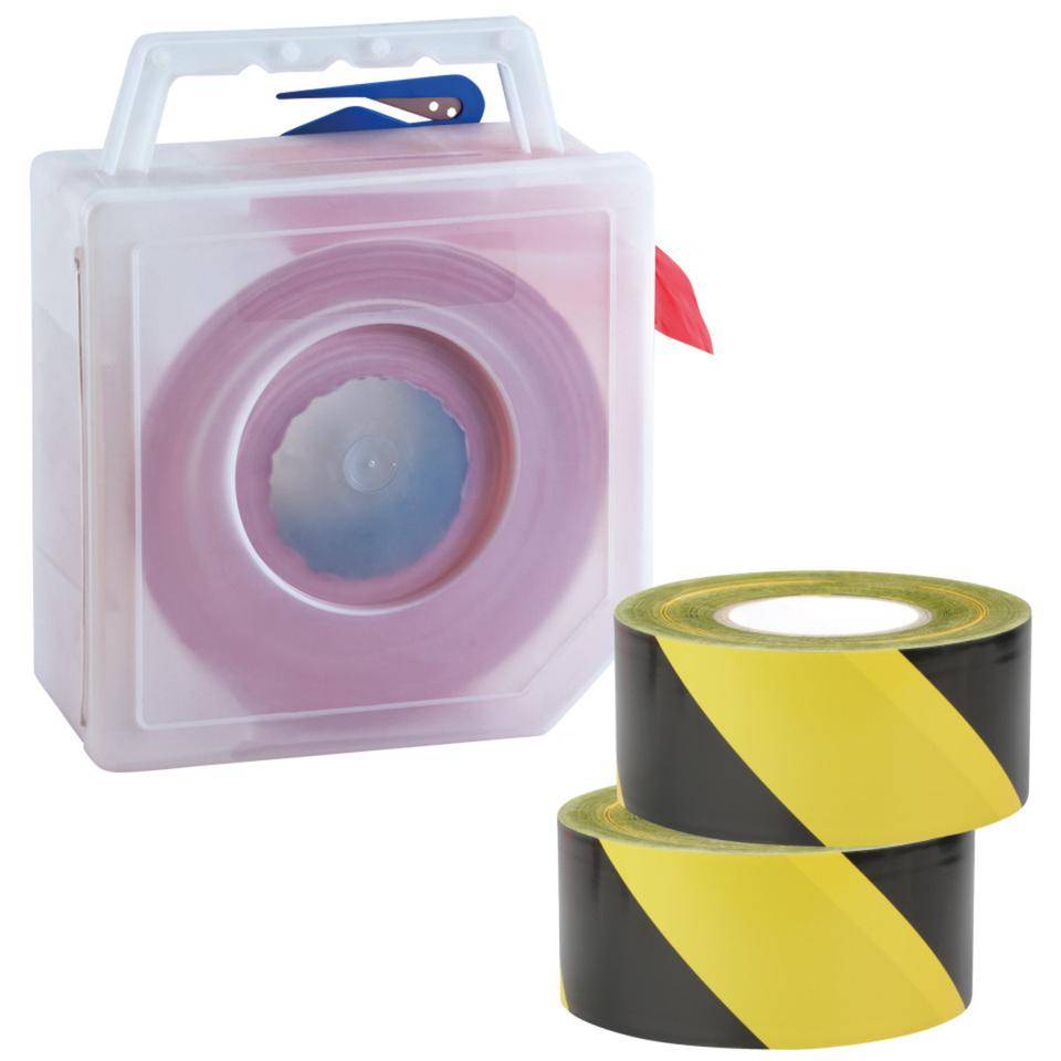 Vorteils-Set Absperrband Basic, 2x Absperrband, gelb/schwarz schraff., Warnbd.spender