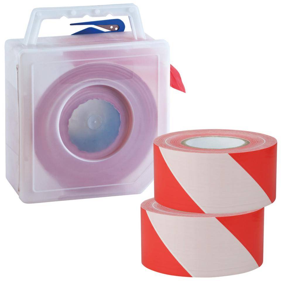 Vorteils-Set Absperrband Basic, 2x Absperrband, rot/weiß schraffiert, Warnbd.spender