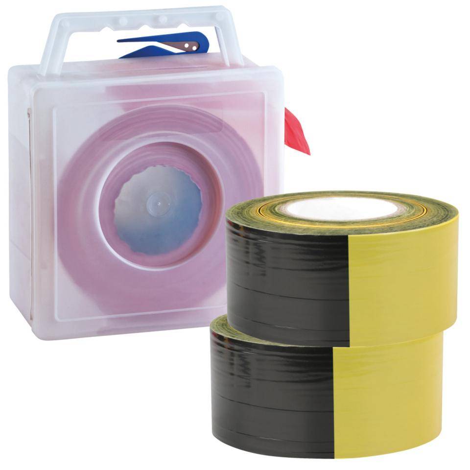 Vorteils-Set Absperrband Basic, 2x Absperrband, gelb/schwarz geblockt, Warnbd.spender