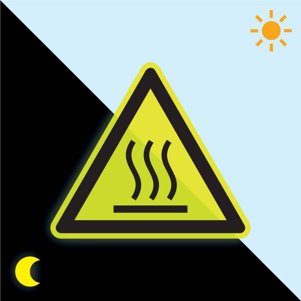 PERMALIGHT® power langnachleuchtend Warnschild Warnung vor heißer Oberfläche, ISO, Folie, fluoreszierend, SL 100mm