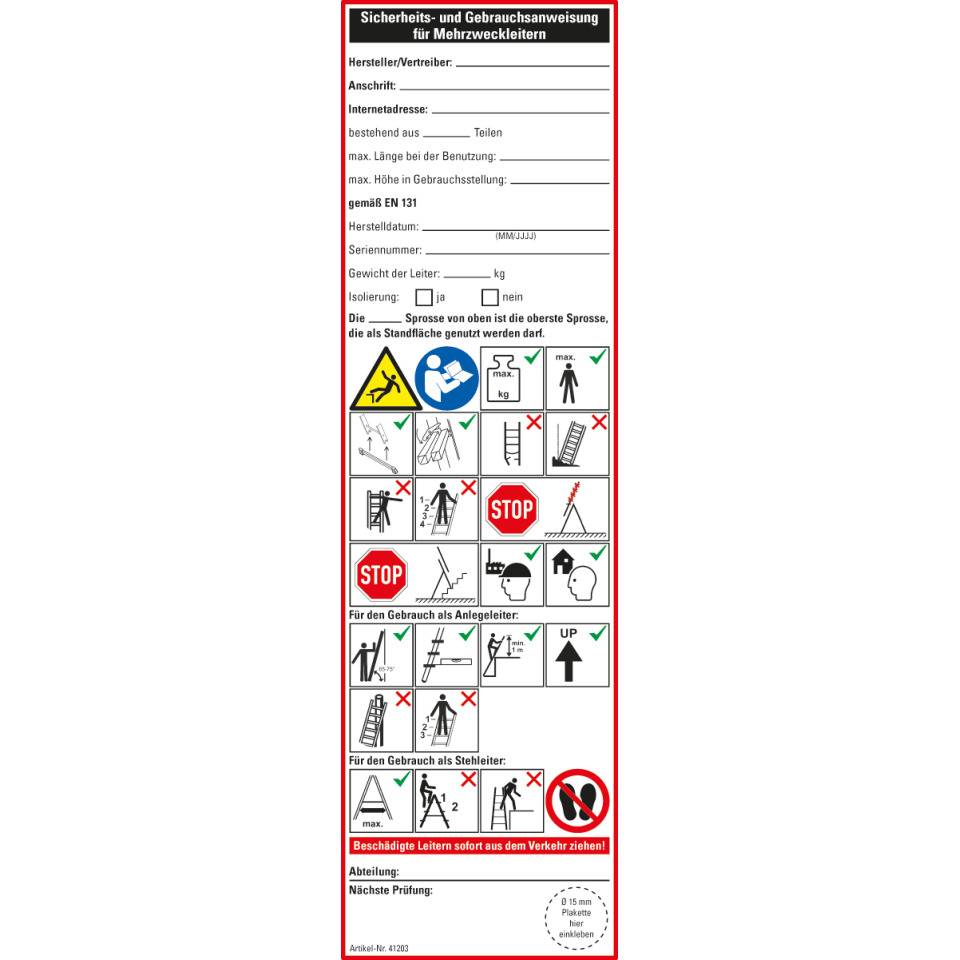 Leiter-Gebrauchsanweisung Mehrzweckleiter, Folie, ablösbar, 65x225mm, 2/Bogen, DIN EN 131-3