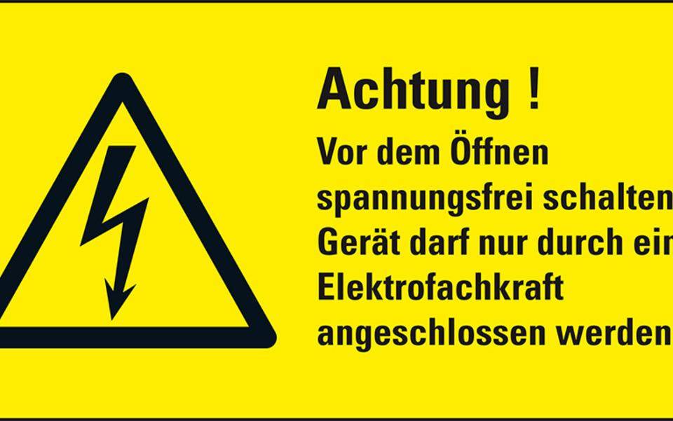 Warn-Kombischild Achtung! Vor dem Öffnen..., RoHS konform, Folie, selbstklebend, 74x37mm, ASR A1.3, DIN EN ISO 7010 W012
