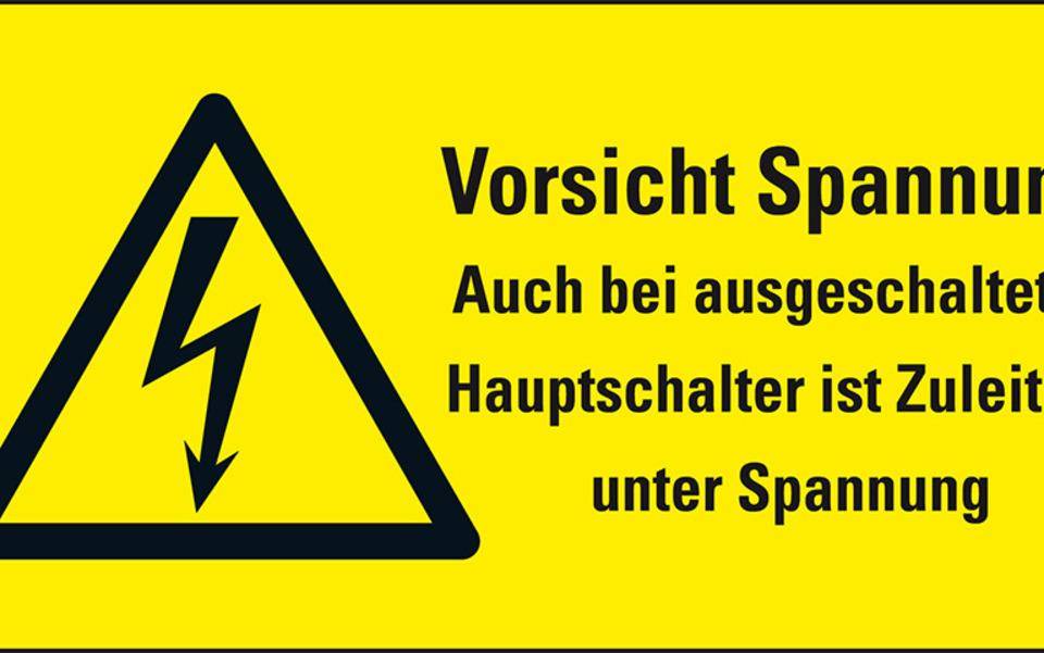 Warn-Kombischild Vorsicht Spannung! Auch bei..., RoHS konform, Folie, 52x26mm, 10/BOG, ASR A1.3, DIN EN ISO 7010 W012