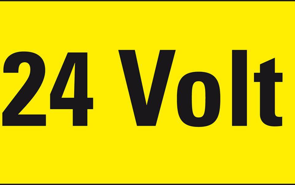 Warnschild 24 Volt, RoHS konform, Folie, selbstklebend, 52x26mm,10/Bogen