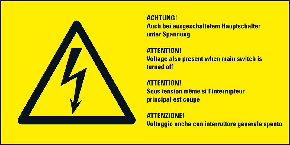 Warn-Kombischild Auch bei ausgeschaltetem, RoHS konform, 4-sprachig, Folie, 74x37mm, ASR A1.3, DIN EN ISO 7010 W012