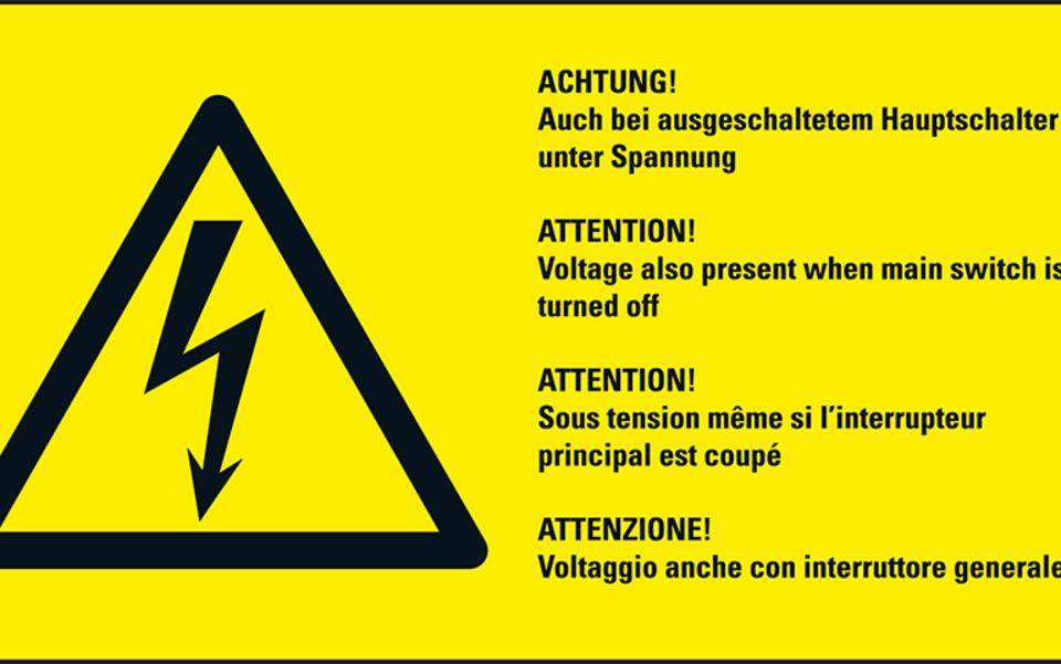 Warn-Kombischild Auch bei ausgeschaltetem, RoHS konform, 4-sprachig, Folie, 74x37mm, ASR A1.3, DIN EN ISO 7010 W012