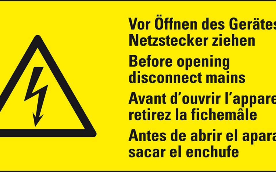 Warn-Kombischild Vor Öffnen...Netzstecker ziehen, RoHS konform, 4-sprachig, Folie, 74x37mm