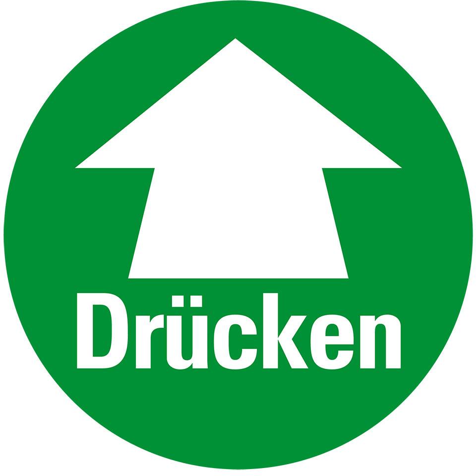 Türhinweis Drücken, grün/weiß, Folie, selbstklebend, Ø 100mm
